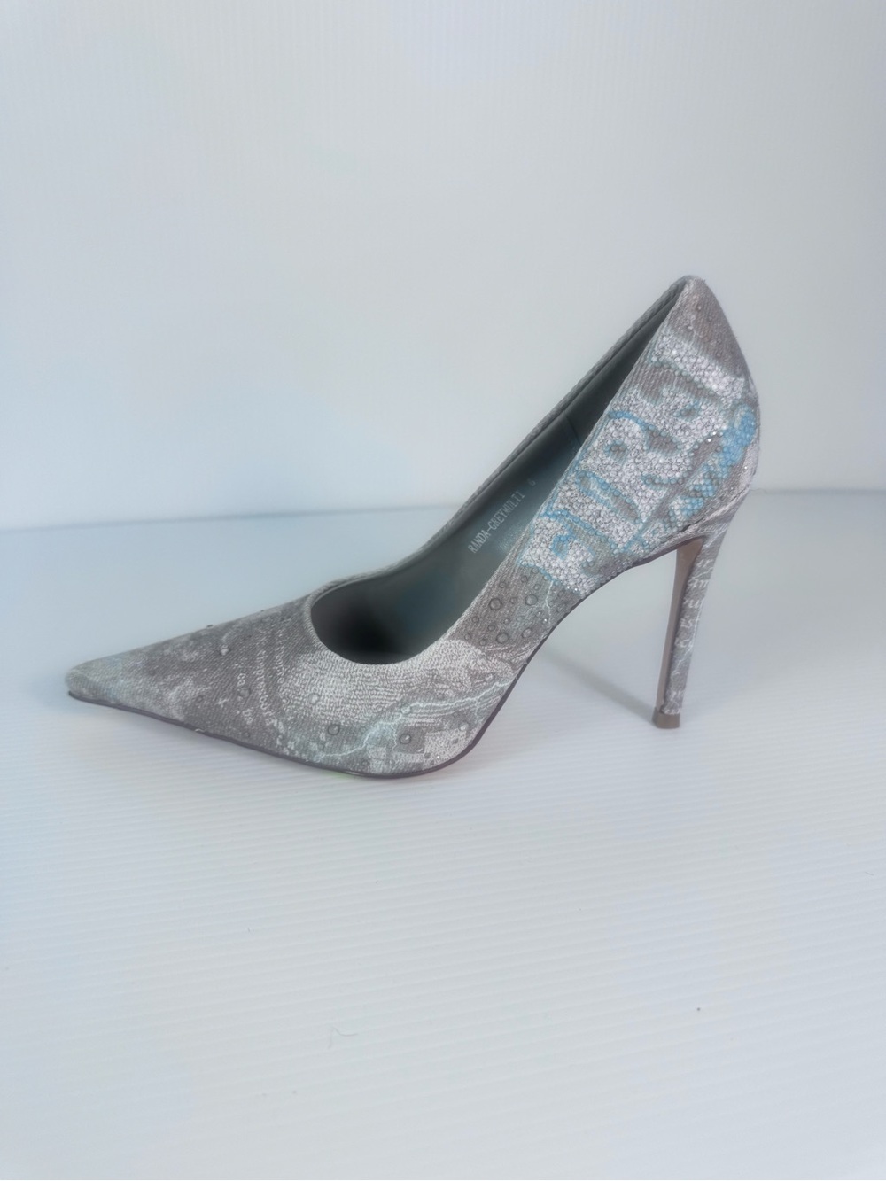 Azalea Wang Randa Grey Multi Pointed Toe Stiletto Pumps | Rhinestone Print Heels